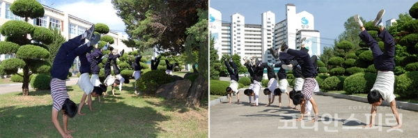 전준식 교사가 지도한 경북 의성공업고등학교 학생들이 교정에서 물구나무서기 시범을 보이고 있다. [사진제공=전준식 교사]