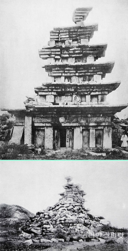 1910년 촬영한 미륵사지 석탑. 석탑의 동측면을 찍은 위쪽 사진 오른쪽하단에 서 있는 사람을 통해 웅장한 크기를 짐작할 수 있다.  아래 사진은 훼손이 심한 석탑의 서측면 모습. [문화재청]