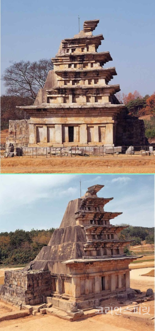 수리 전 익산 미륵사지 석탑의 모습. 비교적 양호한 석탑 동측면(위)과 달리 서측면(아래)는 1915년 일본인에 의해 콘크리트로 보강된 모습이다. [사진=문화재청]