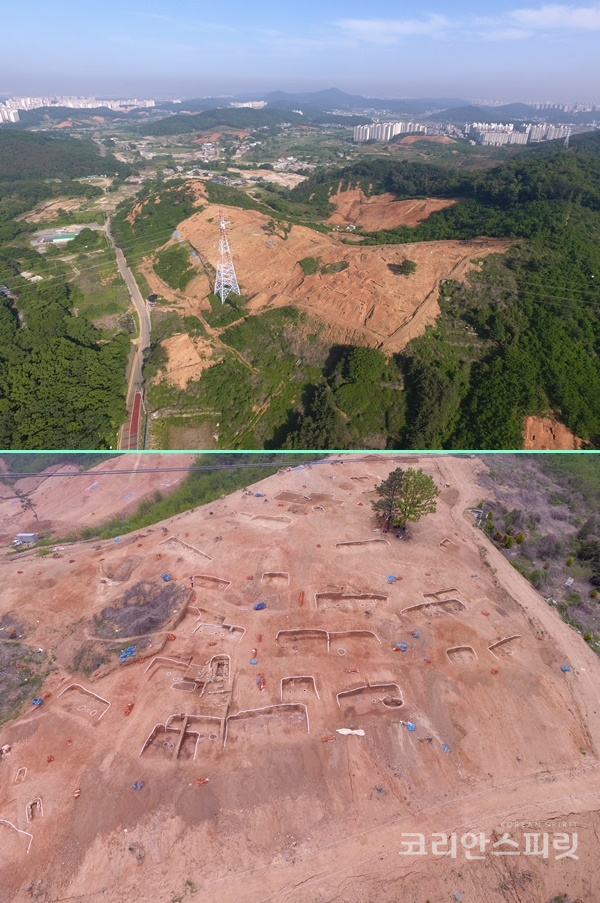 인천광역시 검단신도시 사업부지에서 발견된 청동기 주거지 (위) 인천 검단지구 불로동 일대 (아래) 청동기 시대 주거지 전경. [사진=문화재청]