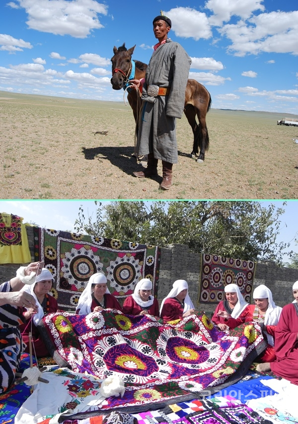 중앙아시아 무형유산 영상 및 사진전 중 몽골 경주마(위)와 타지키스탄의 전통자수 '차칸'(아래). [사진=문화재청]