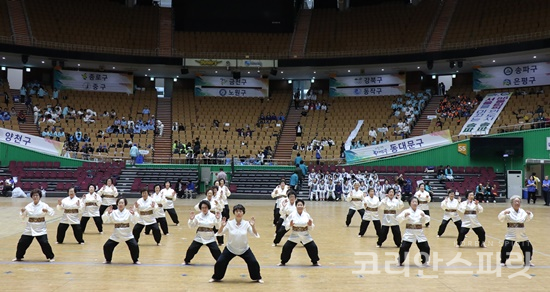 2018서울시민체육대축전 국학기공대회에 참가한 서울 은평구 은평평생학습관 기찬인생팀이 창작기공으로 공연을 하고 있다. [사진=정유철 기자]