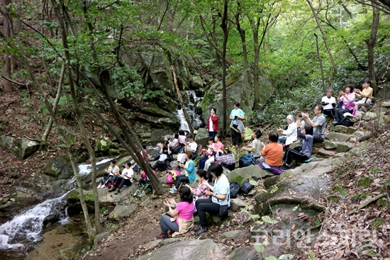 전북 모악산을 찾은 일본명상단이 8일 우아일체 계곡에서 명상을 하고 있다. [사진=선도문화연구원]