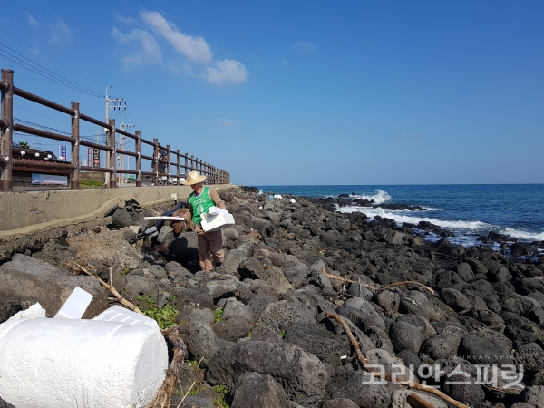 자원봉사자들이 해안가 도로 밑에서 플라스틱, 스티로폼 쓰레기를 치우고 있다. [사진=지구시민운동연합 제주지부]