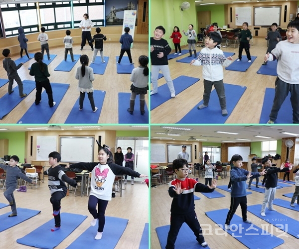 서울 성북구 삼선초등학교 돌봄교실에서는 매주 금요일 오후 2시 30분 전통스포츠 국학기공 수업을 진행한다. 아이들이 기공체조를 하는 모습. [사진=강나리 기자]