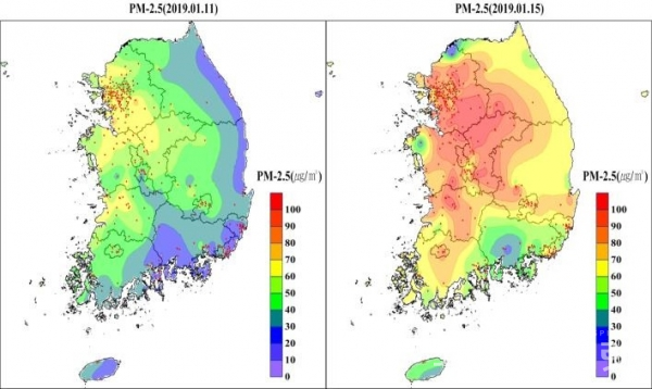 고농도 사례기간 1월 11일(왼쪽)과 1월 15일  미세먼지(PM2.5) 농도 분포. [자료=국립환경과학원]