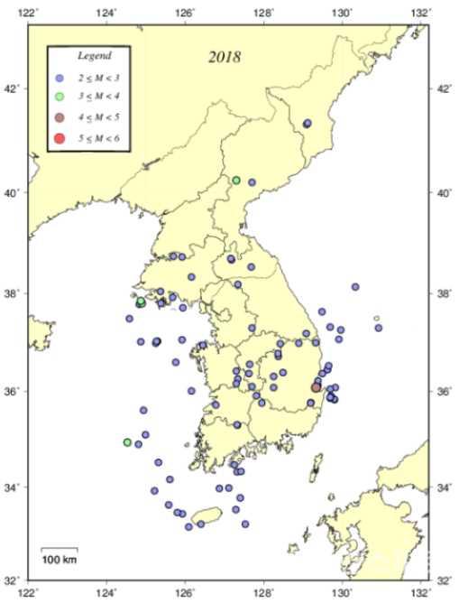 2018년 국내지진 진앙분포도 [자료=기상청]