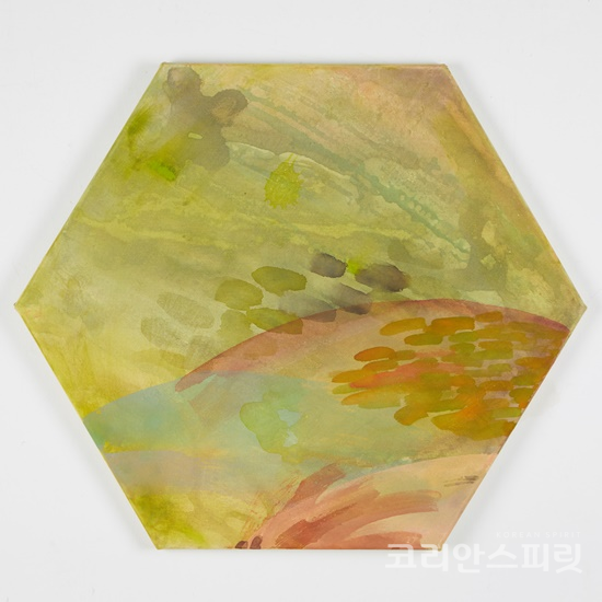 An opaque body, Mixed media on silk layered canvas, Hexagon 30cm, 2019. [사진=정윤영 제공]