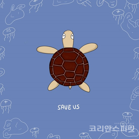 홍연승, 박주원 학생이 환경오염의 심각성을 알리기 위해 그린 바다거북이 레서팬더 그림. [사진=홍연승]