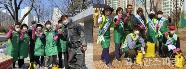 마산과 김해에서 공원 방역봉사활동을 마친 지구시민운동연합 경남지부 회원들이 환하게 웃고 있다. [사진=지구시민운동연합 경남지부]