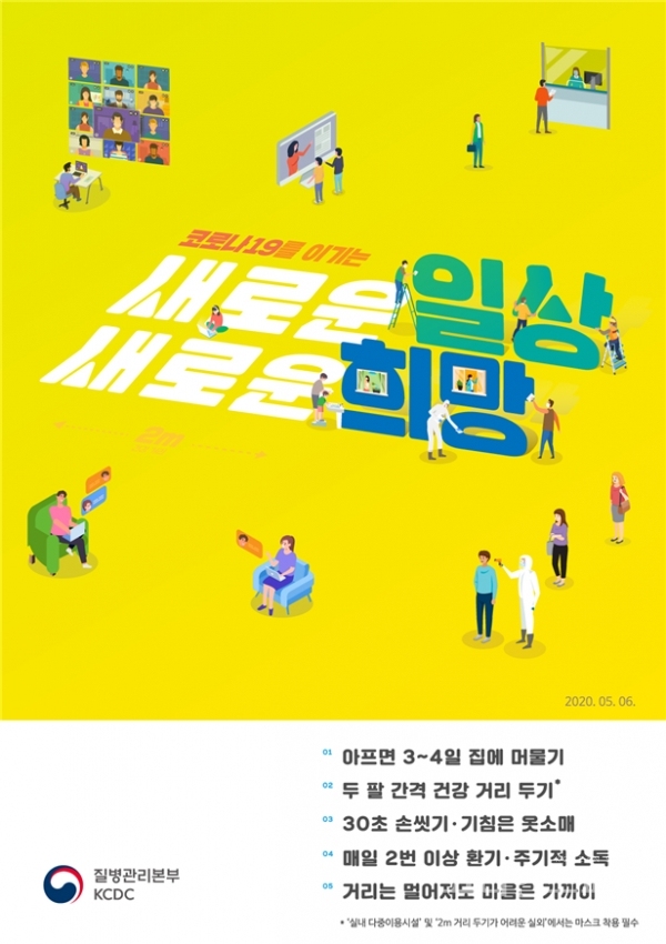 중앙재난안전대책본부는 전국 사업장의 근로자·사업주가 참고할 수 있도록 생활 속 거리 두기 사업장·회의지침을 마련하여 4월 23일 배포한 데 이어 지침 정착을 위한 홍보 및 지원을 계속해나간다고 밝혔다. [포스터=질병관리본부]