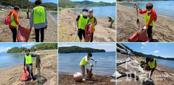 이날 벤자민인성영재학교 학생들과 지구시민운동연합 경남지부 회원들이 수거한 해안가 쓰레기는 16포대였다. [사진=지구시민운동연합 경남지부]