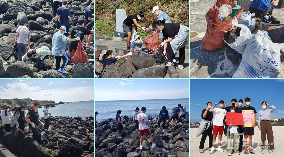 지구시민 팀 프로젝트를 기획한 참가자들은 제주 곽지해수욕장에서 바다쓰레기 청소를 하고 활동을 영상으로 촬영해 발표했다. [사진=벤자민인성영재학교]