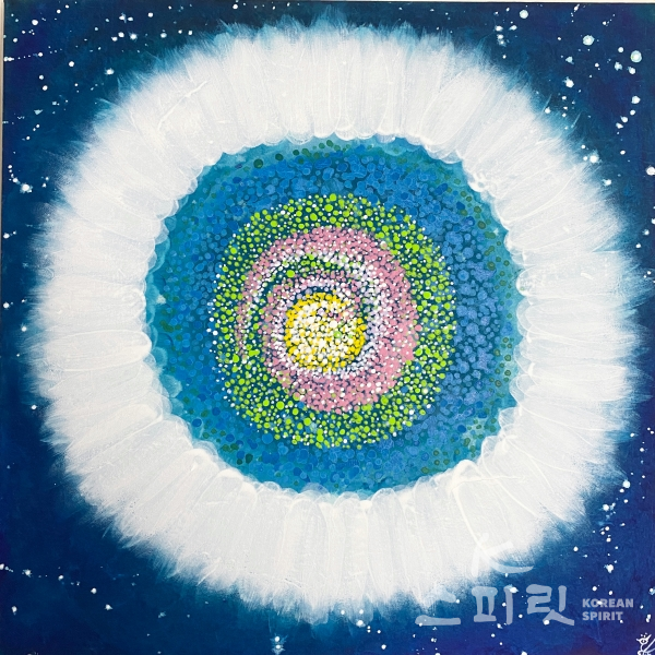 힐링회화 '영혼의 새'화가 한지수 씨가 새롭게 작업한 '우주의 꽃'. [사진=한지수 화가 제공]
