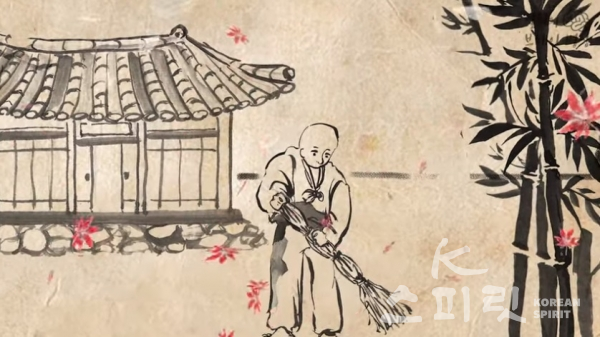 명상 유튜브 채널 '일지의 브레인명상'은 마당을 쓸다 깨달음을 얻은 한 스님의 예화가 담긴 그림에세이 '줄탁동시(啐啄同時)'를 등재했다. [사진=유튜브 영상 갈무리]