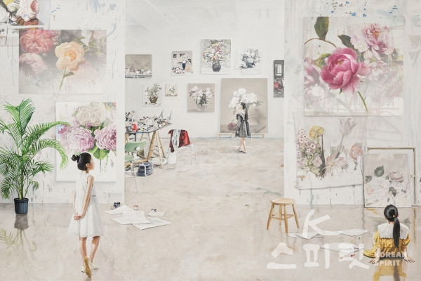 배준성, The Costume of Painter - at the studio-flower doodling 2, lenticular and oil on canvas, 120x180cm, 2020. [사진제공=갤러리그림손]