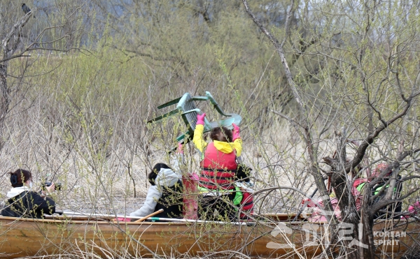 지구시민연합 강원지부 회원들이 킹카누를 타고 나가 의암호 갈대밭 사이의 쓰레기를 수거하고 있다. [사진=김경아 기자]