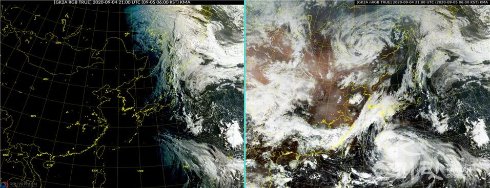 (왼쪽)2020년 태풍 '하이선' 일출전 기존 영상. (오른쪽)인공지능기법을 활용해 바뀌는 영상. [사진=기상청]