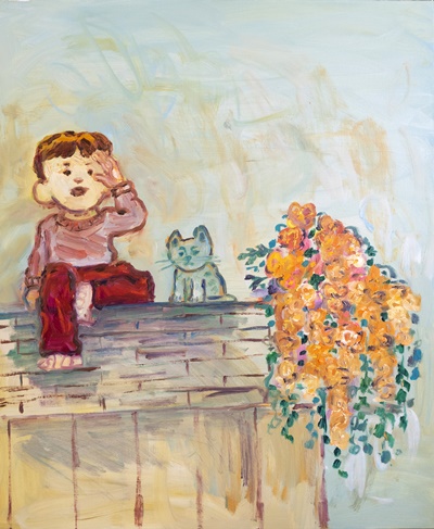 QWAYA, 피어있는 능소화 옆에 앉아서 Sitting next to the blooming trumpet creeper,  oil on canvas, 91x73cm. 2021. [사진제공=아뜰리에아키]