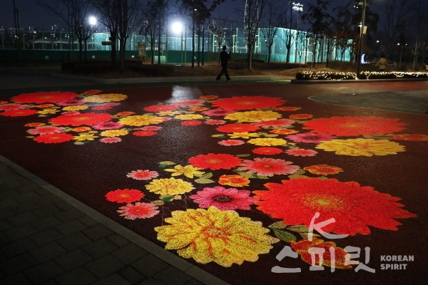 공원 바닥을 비추는 꽃무늬 레이저빔은 산책하는 사람들의 눈길을 끌었다 [사진=김경아 기자]