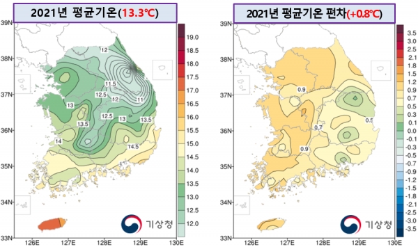 2021년 (왼쪽) 연평균기온과 (오른쪽) 연평균기온 편차 분포도(℃). [자료=기상청]
