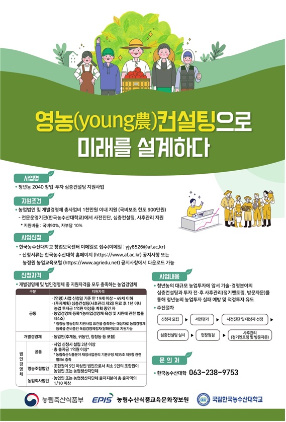 청년농 2040 창업·투자 심층컨설팅 지원사업 포스터(이미지 : 한국농수산대학교 제공)