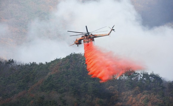 7일 산불지연제(리타던트)를 장착한 산불진화헬기 51대를 동원하여 소광리 소나무군락지로 접근하는 산불을 진화하고 있다. [사진=산림청 제공]