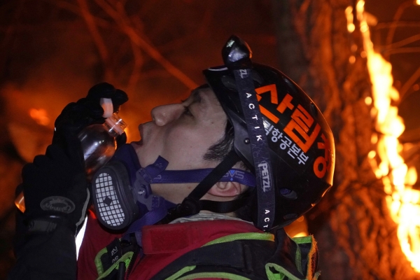 산림청 산림항공본부 소속 공중진화대원이 7일 오후 경북 울진군 북면 안말래길에서 금강소나무숲을 지키기 위해 밤샘 산불 진화 작업을 벌이다 물을 마시고 있다. [사진=산림청 제공]