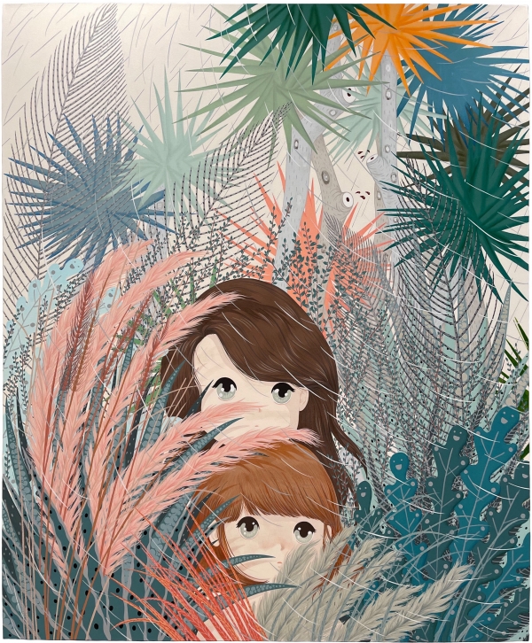 Ivory Yeunmi Lee, Hide and Seek-Alison and Olivia in the raining garden, 2020, Acrylic and color pencil on canvas, 182.8x152.4cm. [사진=아뜰리에 아키 제공]