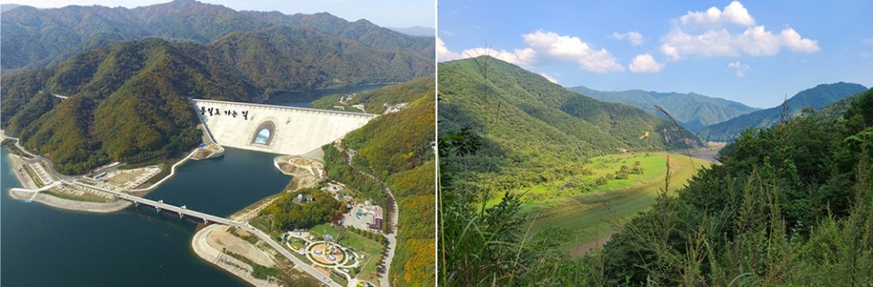 철원 구간의 평화의댐(왼쪽)과 양의대 습지. [사진 'DMZ평화의길'누리집]