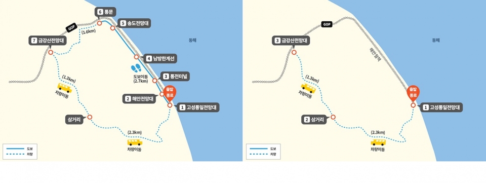 DMZ평화의길 11개 테마노선 중 고성A구간(왼쪽)과 고성B구간. [사진 'DMZ평화의길' 누리집]