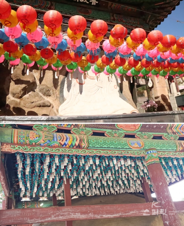 옥천암 마애불 앞쪽과 뒤편에는 사람들의 소원을 적은 연등이 가득하다. [사진 강나리 기자]