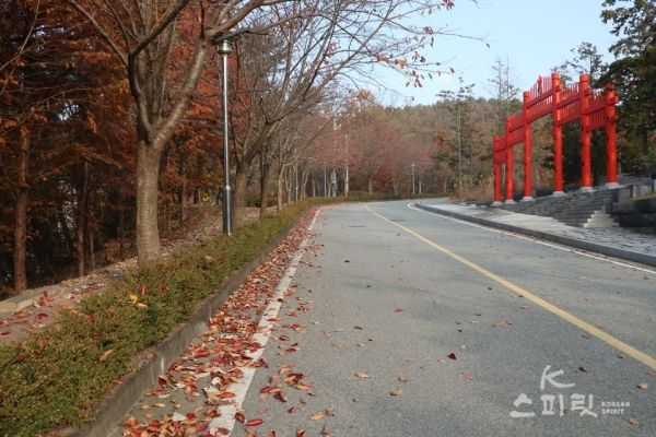 붉은 잎들이 깔린 도로와 박석이 깔린 한민족역사문화공원 광장으로 들어가는 홍살문. [사진 강나리 기자]