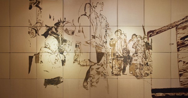 이웃 1-2”, 2009, 피자박스 위에 유채, 300 x 250 cm김진혜갤러리에서의 개인전 《이웃》 중의 한쪽 벽면 그림   [사진 신진식]