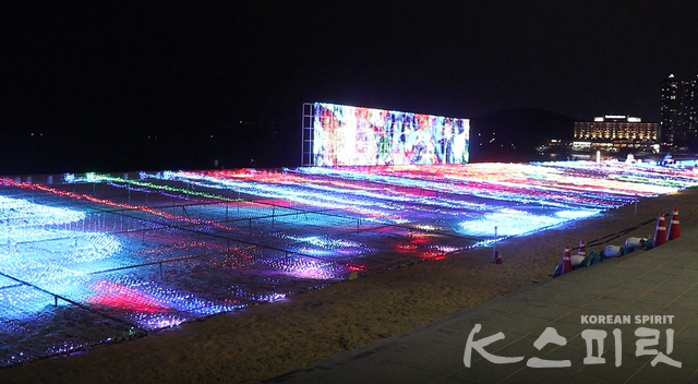 해운대해수욕장 모래사장을 배경으로 펼쳐진 김은선 작가의 '꽃, 그리고 바다' 작품. 사진 강나리 기자