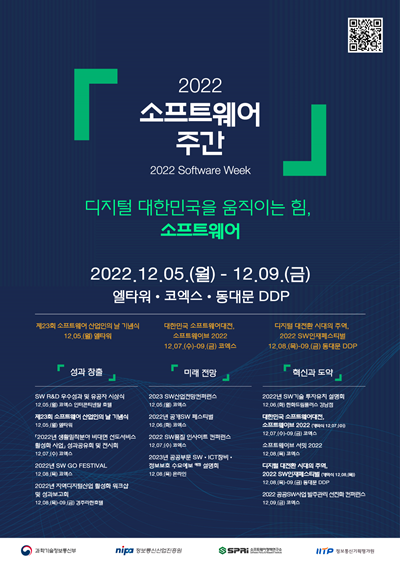 ‘대한민국 디지털 전략’을 구현하기 위한 소프트웨어의 미래 발전 방향을 전망해보는 ‘2022소프트웨어 주간’ 행사가 12월 5일부터 9일까지 열린다.  포스터 과학기술정보통신부