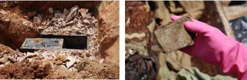 (왼쪽) 대전시 유성구 금고동에 있던 안정나씨 묘역에 있는 나신걸 부인 신창맹씨 부인묘 발굴. (오른쪽) 피장자의 머리맡에 놓여있던 남편 나신걸의 한글편지가 여러겹으로 접혀있었다. 사진 문화재청.