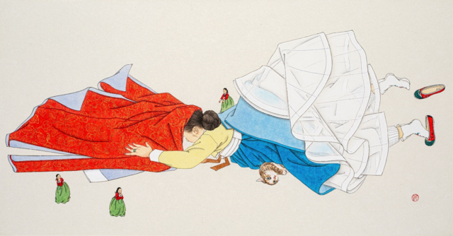 Hanbok Story 9, Painting on Korean Paper, 33x64cm(Framed), 2022. 사진 더트리니갤러리