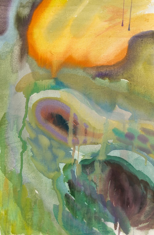 살결로 스며들어, Water color, gouache, acrylic, pigment powder on silk layered paper, 51x33cm, 2023. 이미지 정윤영