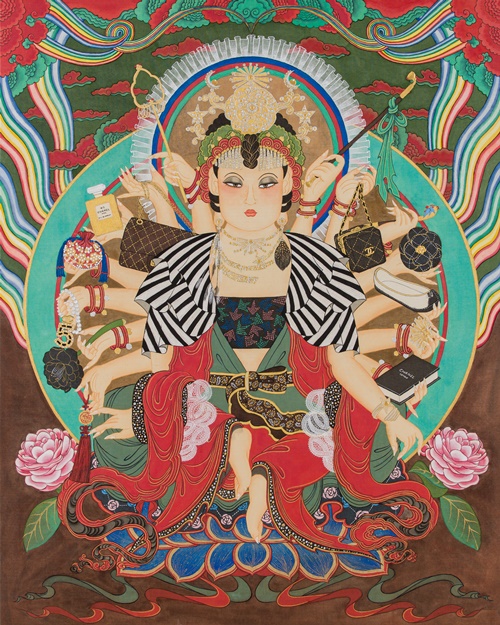 강민지, Avalokiteshvara in the Fashion Universe-멀티버스 판타지, 2023, 비단에 진채, 90×72cm. 사진 갤러리그림손