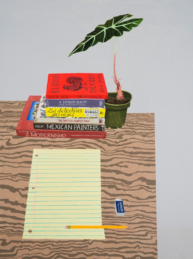 Manuel López, Where Do I Begin (Books, Plant, and Blank Paper), 2023,  Acrylic on Canvas, 121.92×91.44cm  사진 백아트