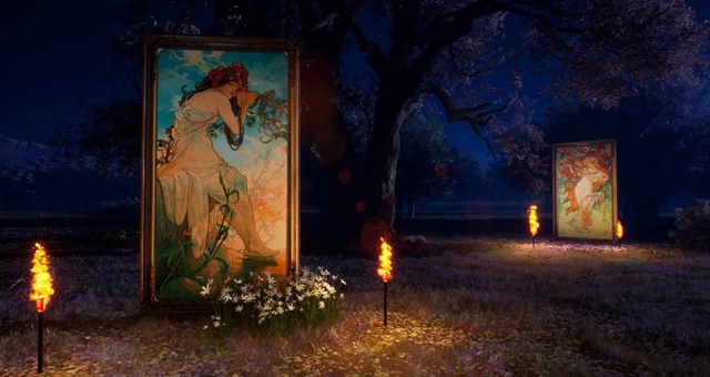 몽환적으로 꾸민 아르누보  정원에서 그림 속 여인들이 매혹적인 경험을 선사한다.still3, MUCHA eMOTION, [Art Nouveau Gardens]. 이미지 DDP
