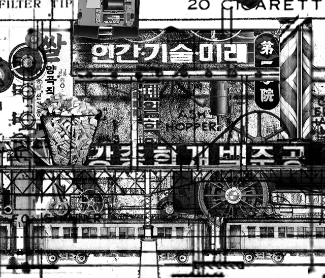 권민호 Kwon Min-Ho, 인간 기술 미래, 2021, 트레이싱지에 연필, 목탄 터펜타인 와쉬 후 건축용 복사 드라이마운트, 21 x 24.5cm. 이미지 갤러리조은