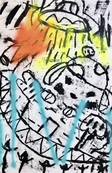 아담핸들러 Adam Handler, Toki Girl battles the UFO, 2023, Oil stick and spray paint on paper, 40x25.75in, 101.6x65.4cm. 사진 갤러리JJ