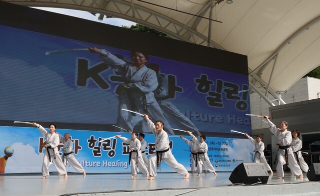 지난 15일 국학원 한민족역사문화공원에서 열린 'K문화힐링 페스티벌' 폐막식 식전 공연을 펼치는 단무도예술단. 사진 강나리 기자.