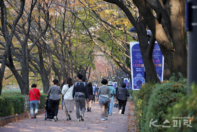울긋불긋한 단풍과 함께 석촌호수 서호를 걷고 있는 시민들 [사진 김경아 기자]