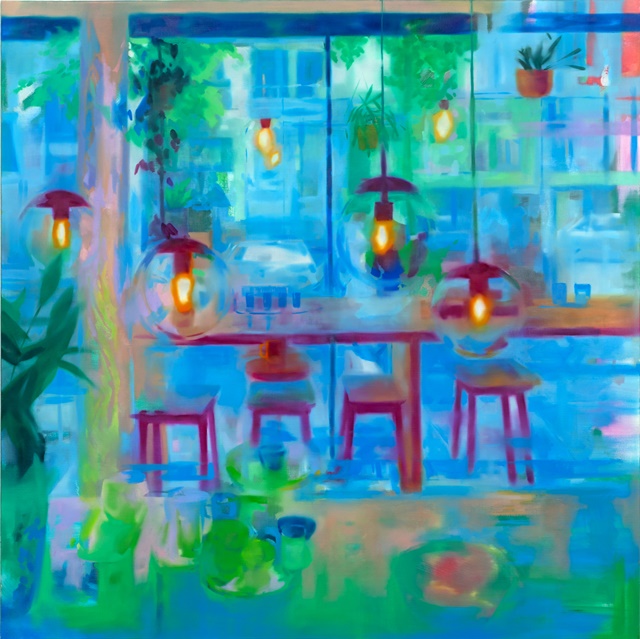 구유빈, Magenta in the cafe, 2032, OIl on canvas 130.3 x 130.3cm. 이미지 프람프트 프로젝트