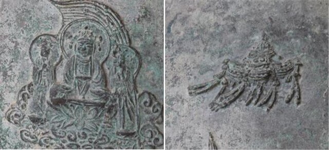 (왼쪽)내소사 동종에 새겨진 삼존상 가운데 본존상 가슴에 卍가 새겨져 있다. (오른쪽) 삼존상 위를 장식한 천개와 유소. 사진 문화재청.