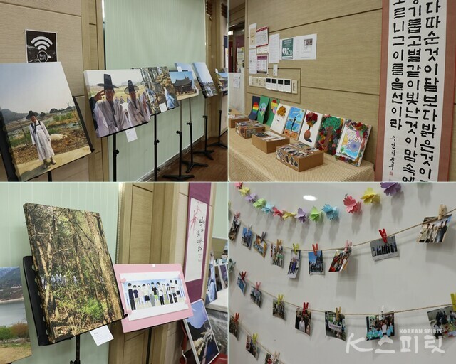 행사장 곳곳에 전시된 학생들의 사진전, 휘호대회, 업사이클링 작품들과 지난 1년을 담은 스냅사진들. 사진 강나리 기자.