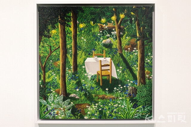 김수연, '초록으로 흐르는 미로Ⅵ', acrylic on canvas, 45.5x45.5cm, 2023 [사진 김경아 기자]